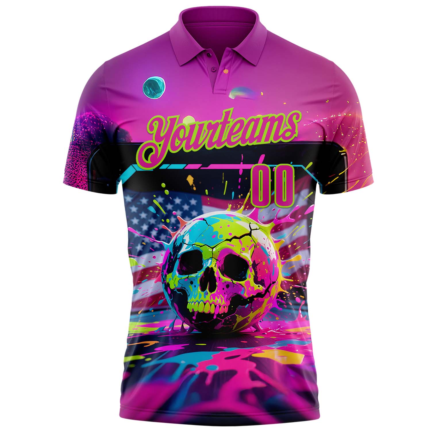 Custom Deep Pink Neon Green 3D American Flag Graffiti Splash Skull Bowling Performance Polo Shirt view 2