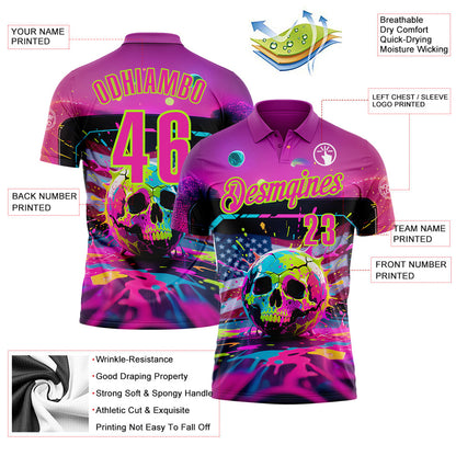 Custom Deep Pink Neon Green 3D American Flag Graffiti Splash Skull Bowling Performance Polo Shirt view 3