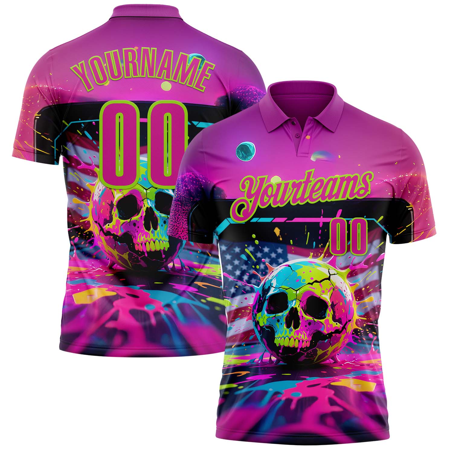 Custom Deep Pink Neon Green 3D American Flag Graffiti Splash Skull Bowling Performance Polo Shirt - Main View