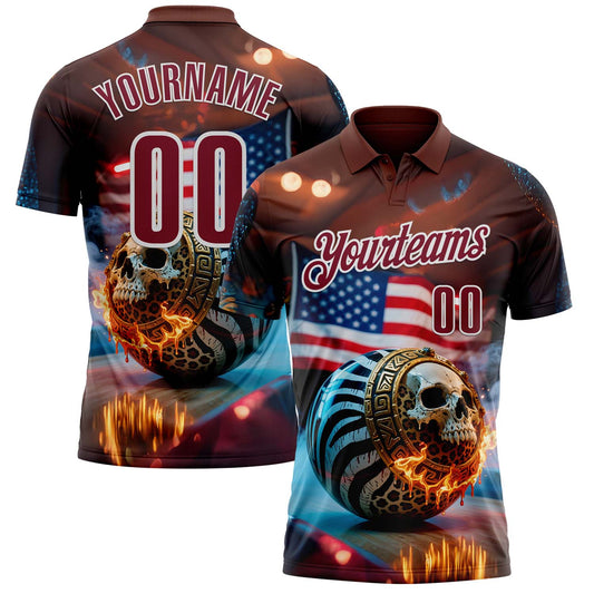 Custom Brown Crimson-White 3D American Flag Flame Skull Bowling Performance Polo Shirt - Main View