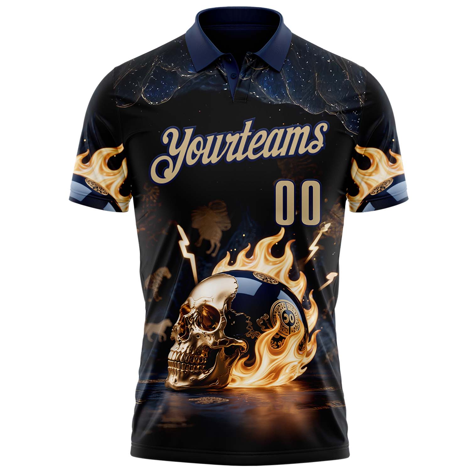 Custom Navy Vegas Gold 3D Flame Skull Bowling Performance Polo Shirt view 2