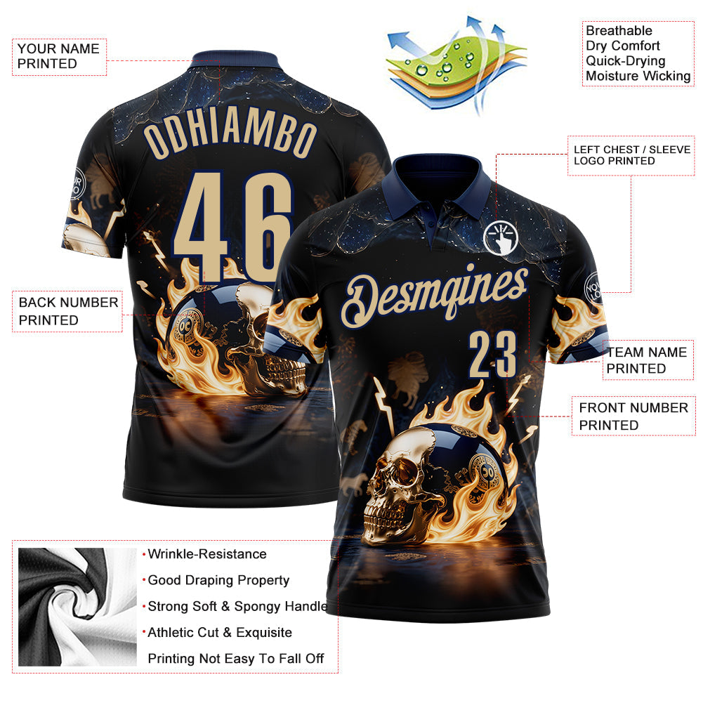 Custom Navy Vegas Gold 3D Flame Skull Bowling Performance Polo Shirt view 3