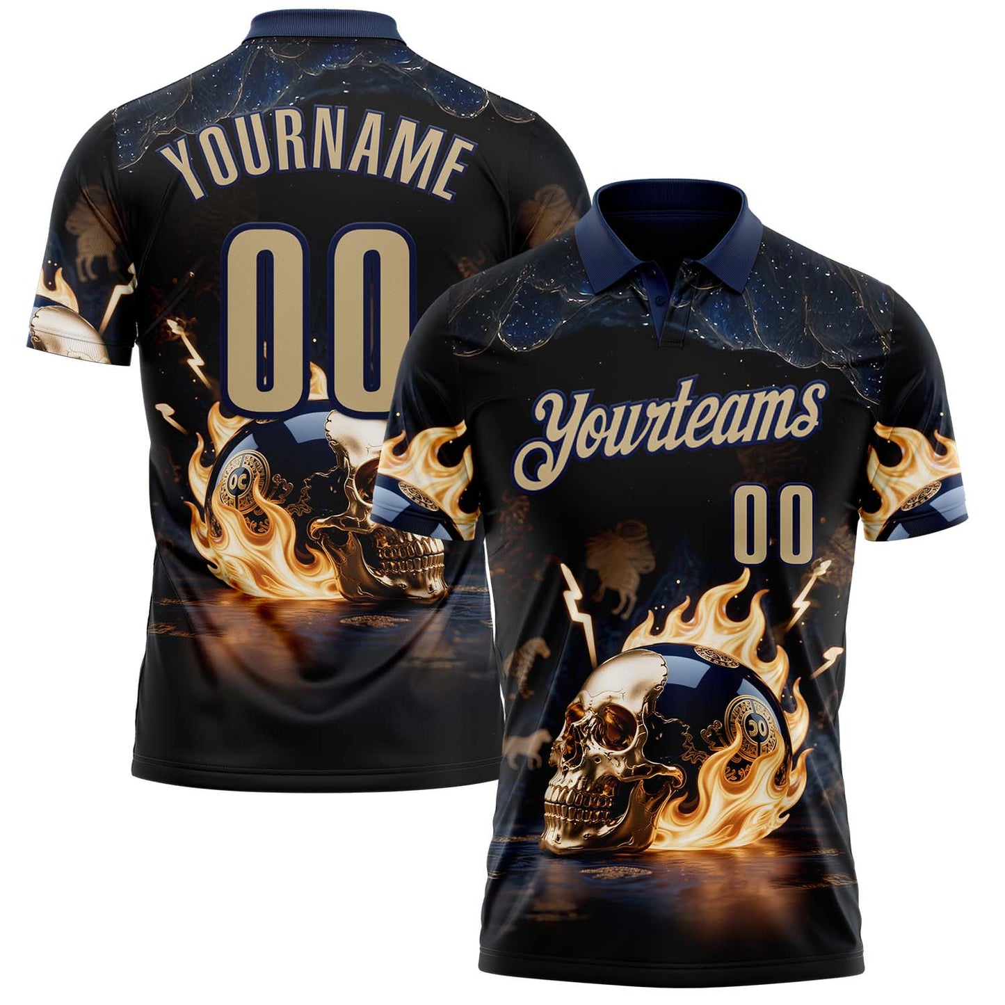 Custom Navy Vegas Gold 3D Flame Skull Bowling Performance Polo Shirt - Main View