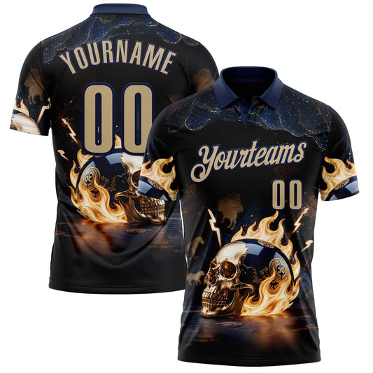 Custom Navy Vegas Gold 3D Flame Skull Bowling Performance Polo Shirt - Main View