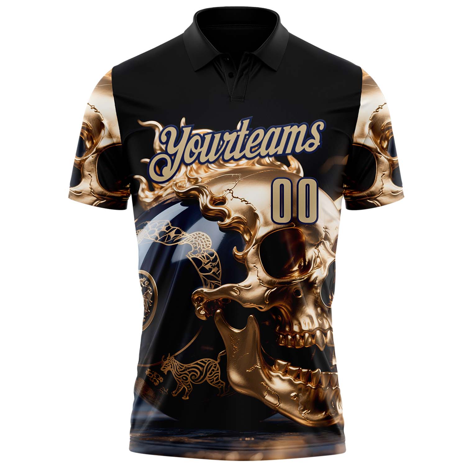 Custom Navy Vegas Gold 3D Metal Skull Bowling Performance Polo Shirt view 2