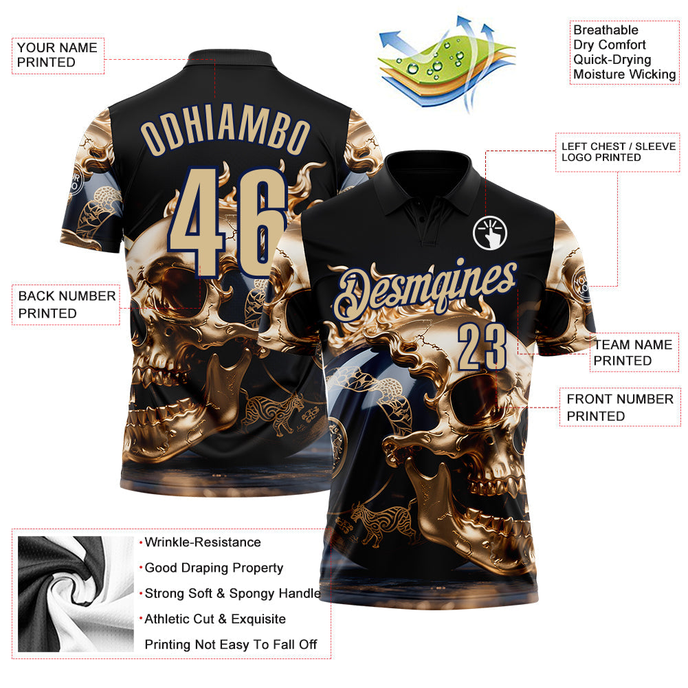 Custom Navy Vegas Gold 3D Metal Skull Bowling Performance Polo Shirt view 3