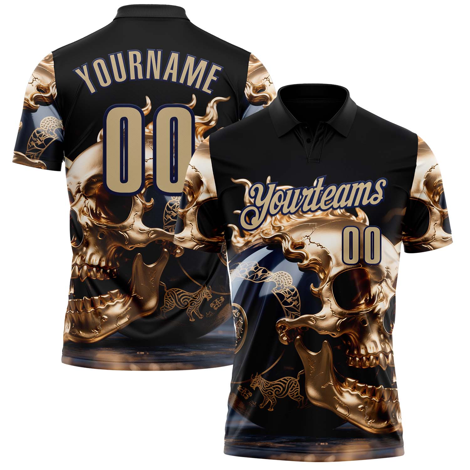 Custom Navy Vegas Gold 3D Metal Skull Bowling Performance Polo Shirt - Main View