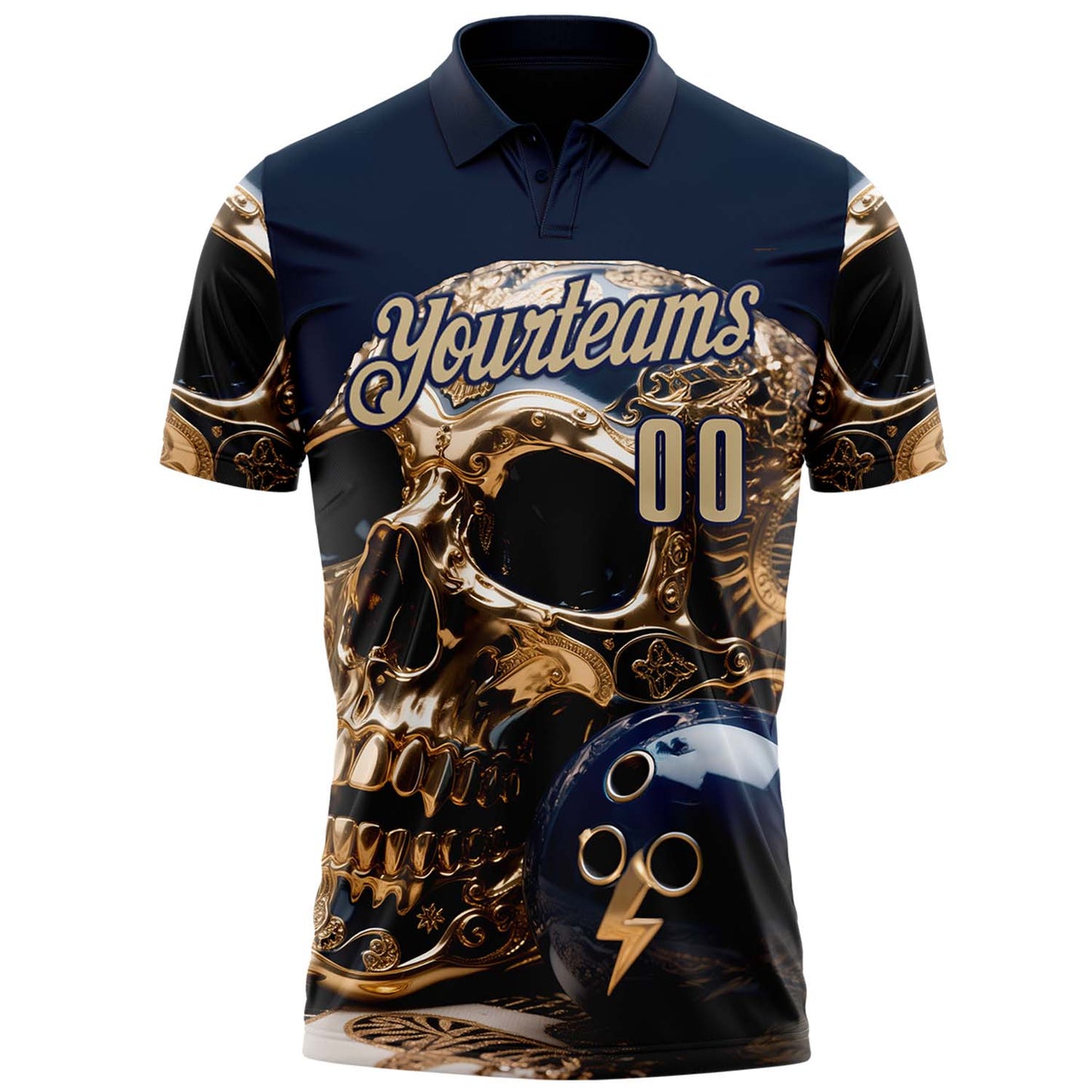 Custom Navy Vegas Gold 3D Metal Skull Bowling Performance Polo Shirt view 2