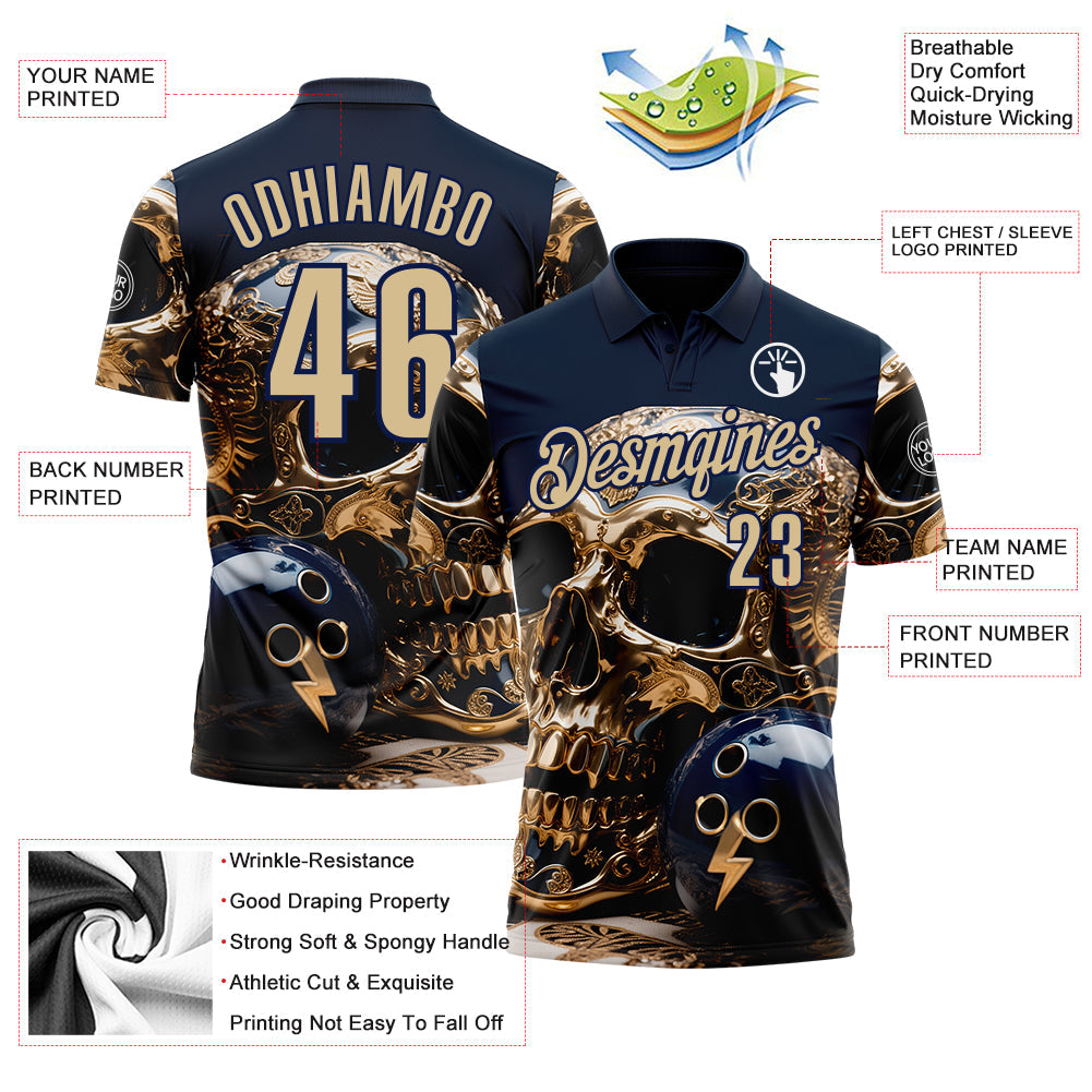 Custom Navy Vegas Gold 3D Metal Skull Bowling Performance Polo Shirt view 3