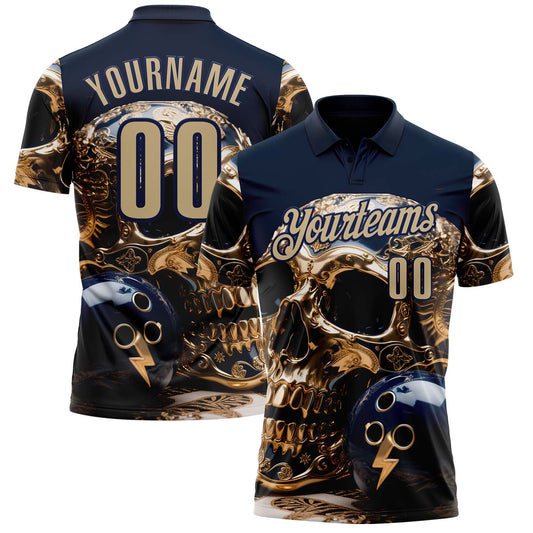 Custom Navy Vegas Gold 3D Metal Skull Bowling Performance Polo Shirt - Main View