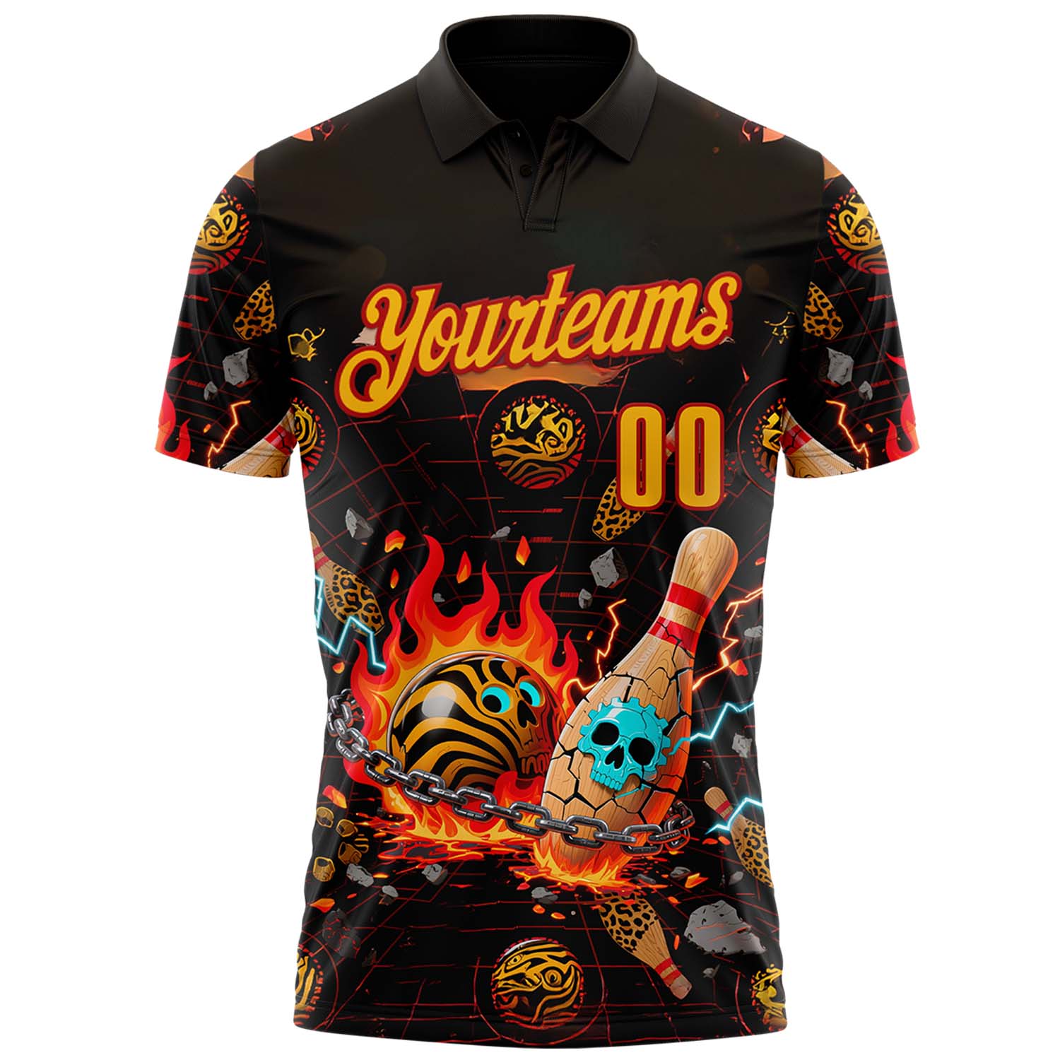 Custom Black Gold-Red 3D Flame Skull Bowling Performance Polo Shirt view 2