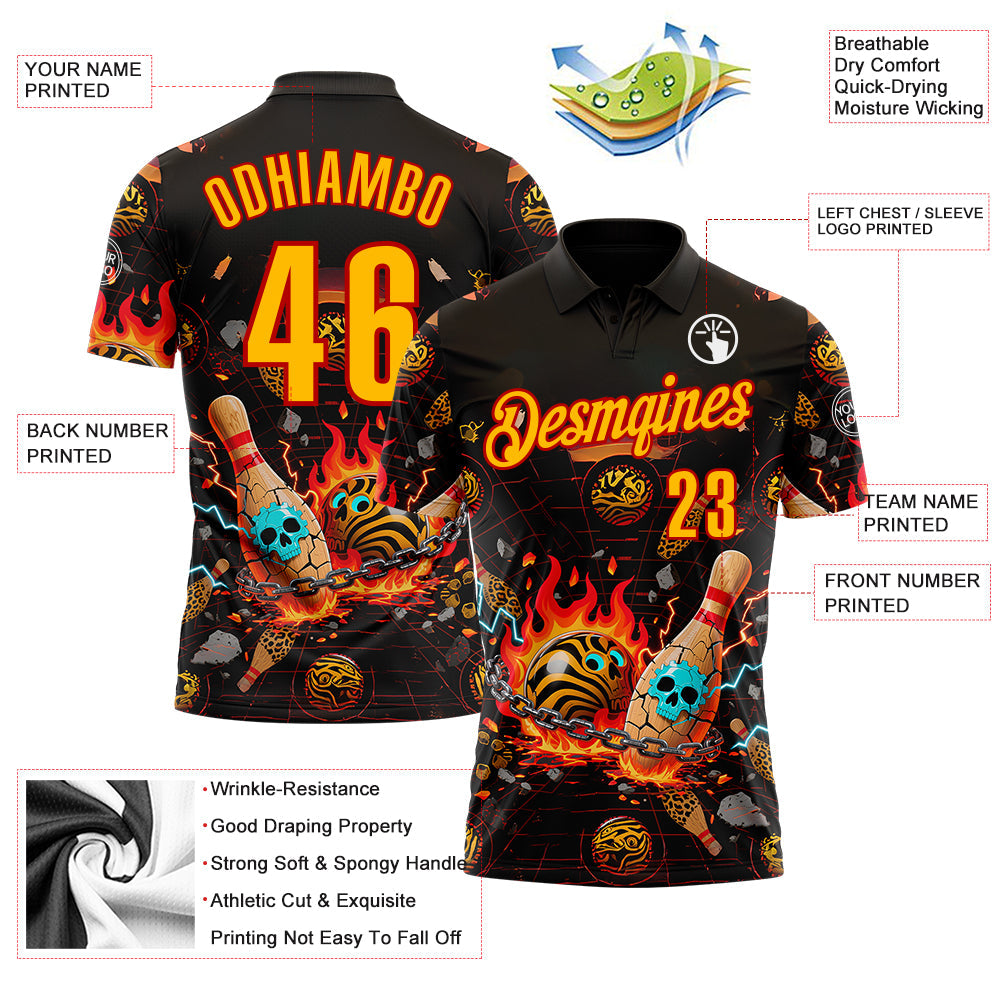 Custom Black Gold-Red 3D Flame Skull Bowling Performance Polo Shirt view 3