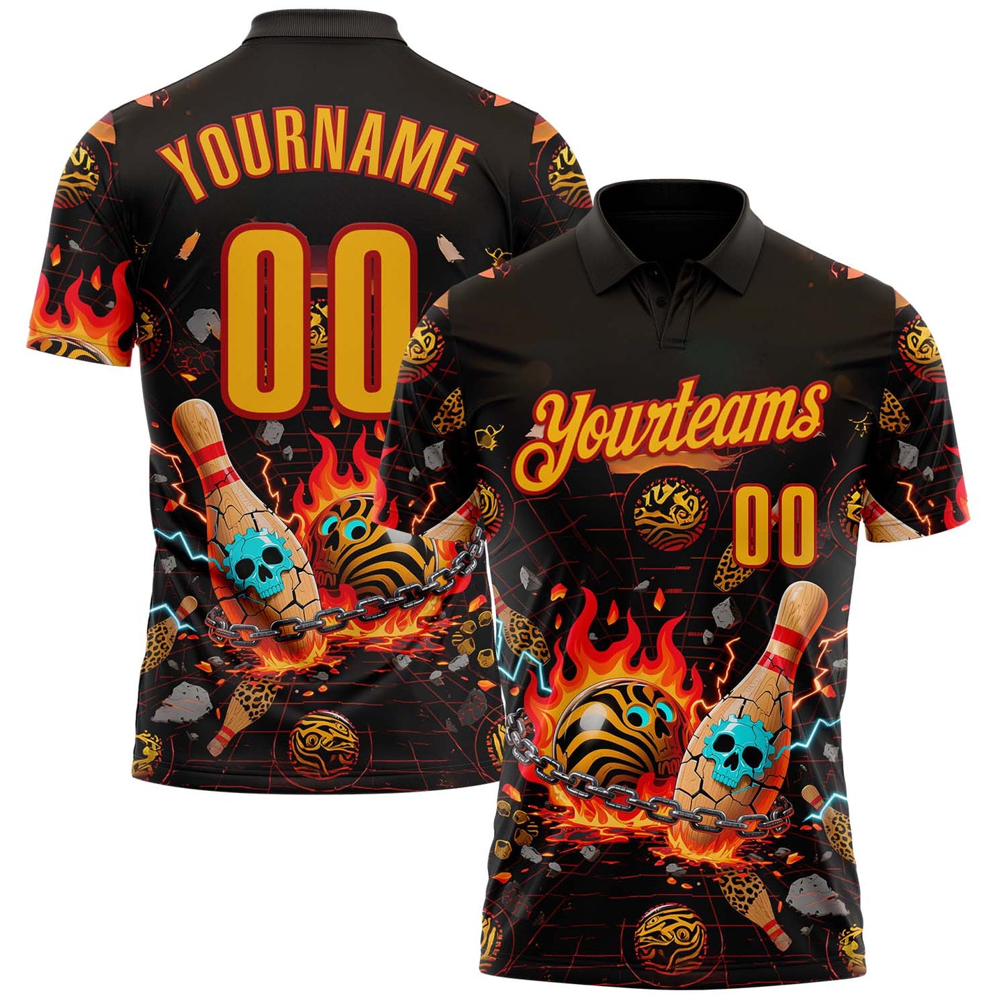 Custom Black Gold-Red 3D Flame Skull Bowling Performance Polo Shirt - Main View