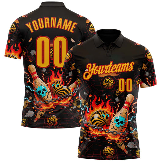 Custom Black Gold-Red 3D Flame Skull Bowling Performance Polo Shirt - Main View