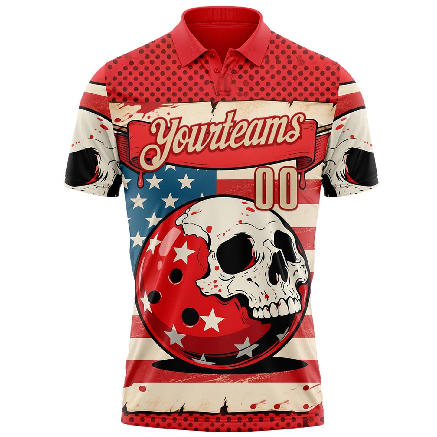 Custom Red Cream 3D Retro American Flag Skull Bowling Performance Polo Shirt view 2