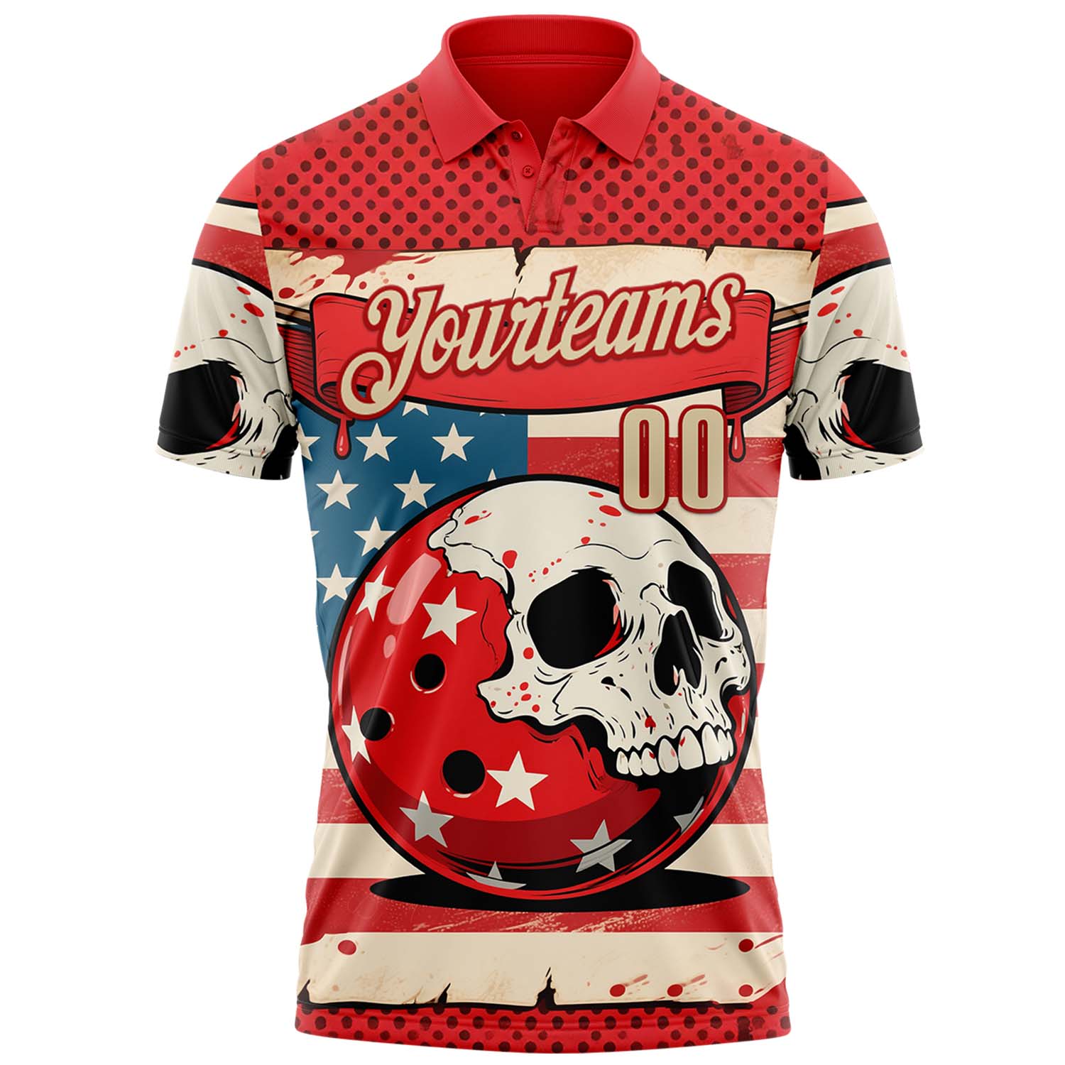 Custom Red Cream 3D Retro American Flag Skull Bowling Performance Polo Shirt view 2