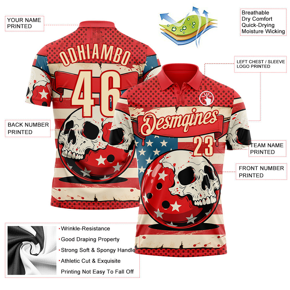 Custom Red Cream 3D Retro American Flag Skull Bowling Performance Polo Shirt view 3