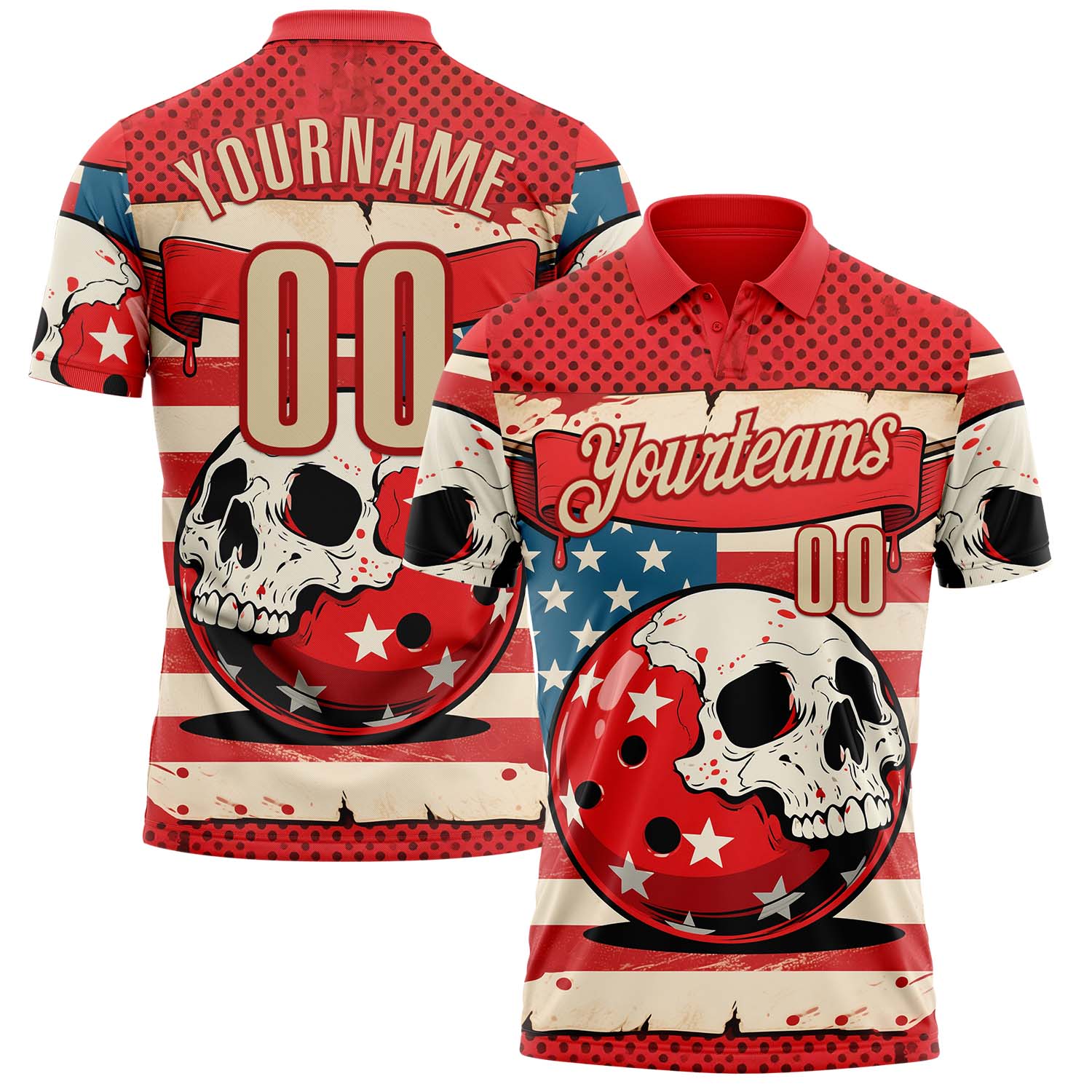 Custom Red Cream 3D Retro American Flag Skull Bowling Performance Polo Shirt - Main View