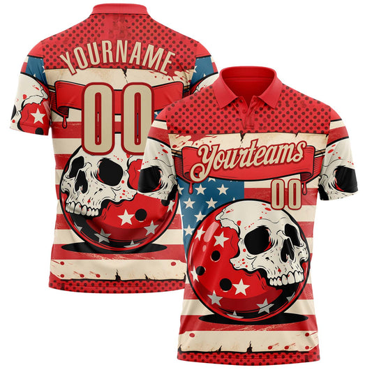 Custom Red Cream 3D Retro American Flag Skull Bowling Performance Polo Shirt - Main View