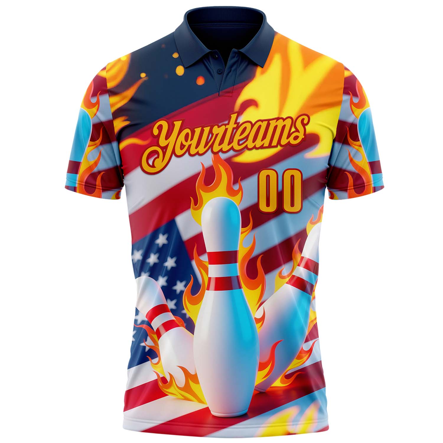 Custom Navy Gold-Red 3D American Flag Flame Bowling Performance Polo Shirt view 2