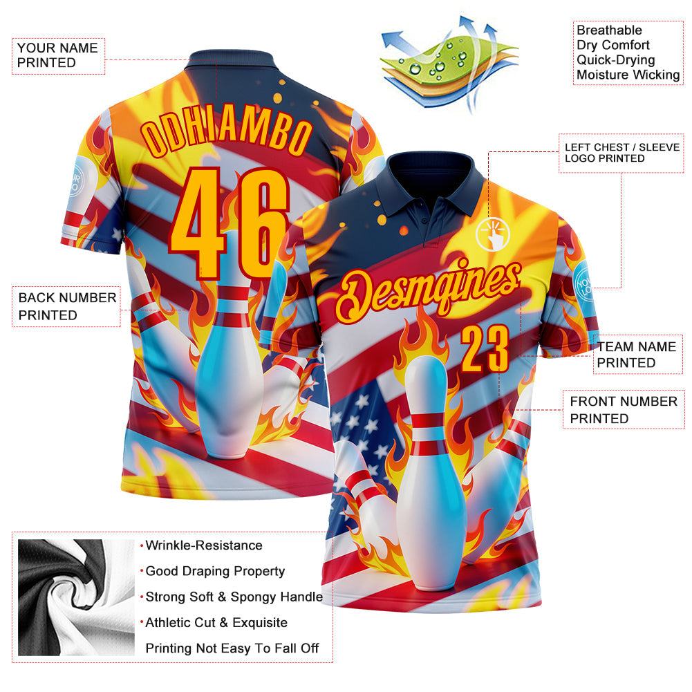 Custom Navy Gold-Red 3D American Flag Flame Bowling Performance Polo Shirt view 3