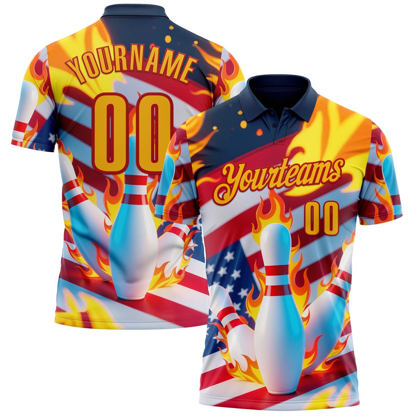 Custom Navy Gold-Red 3D American Flag Flame Bowling Performance Polo Shirt - Main View