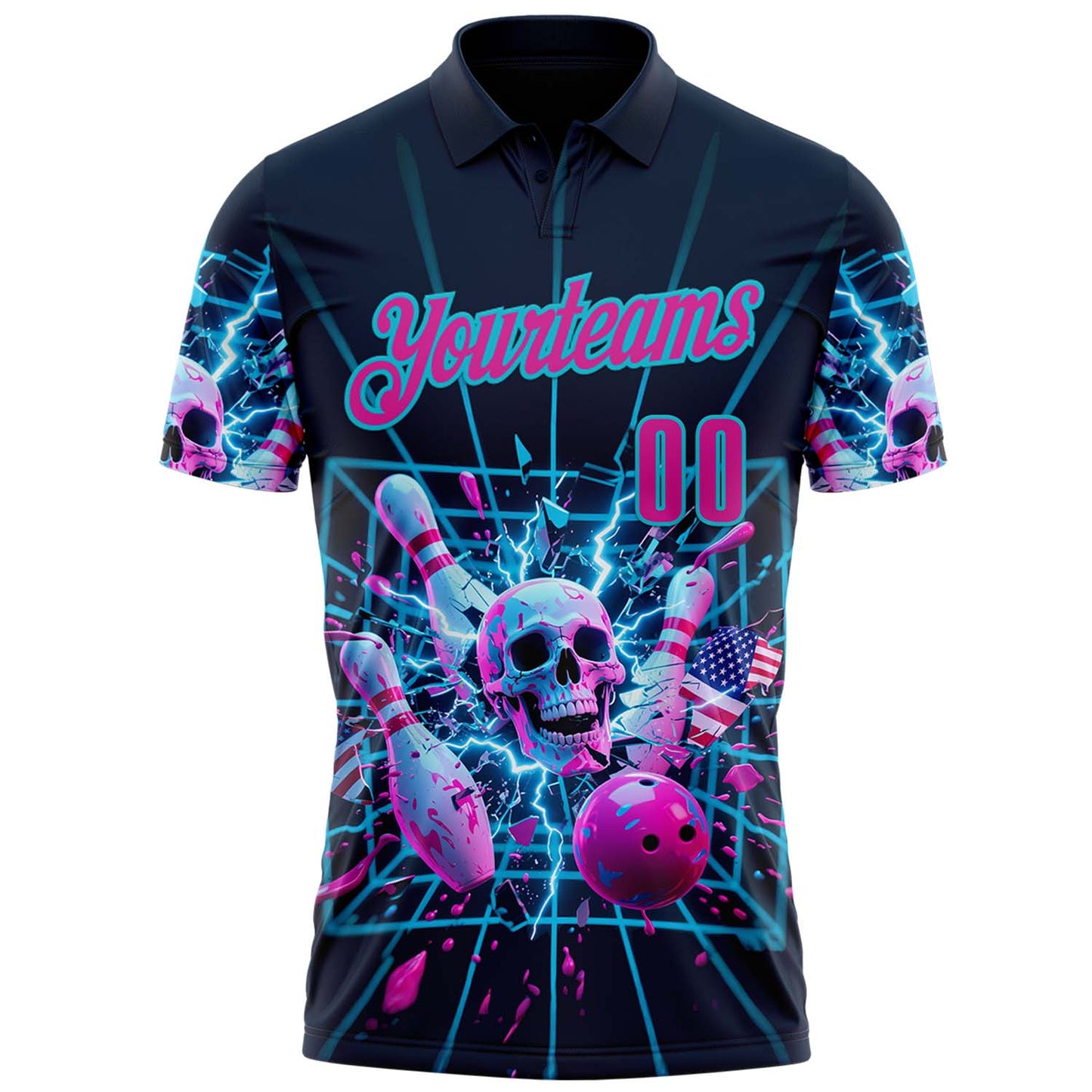 Custom Navy Deep Pink-Lakes Blue 3D American Flag Splash Lightning Skull Bowling Performance Polo Shirt view 2
