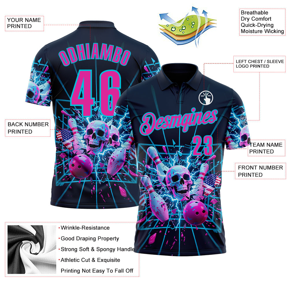 Custom Navy Deep Pink-Lakes Blue 3D American Flag Splash Lightning Skull Bowling Performance Polo Shirt view 3