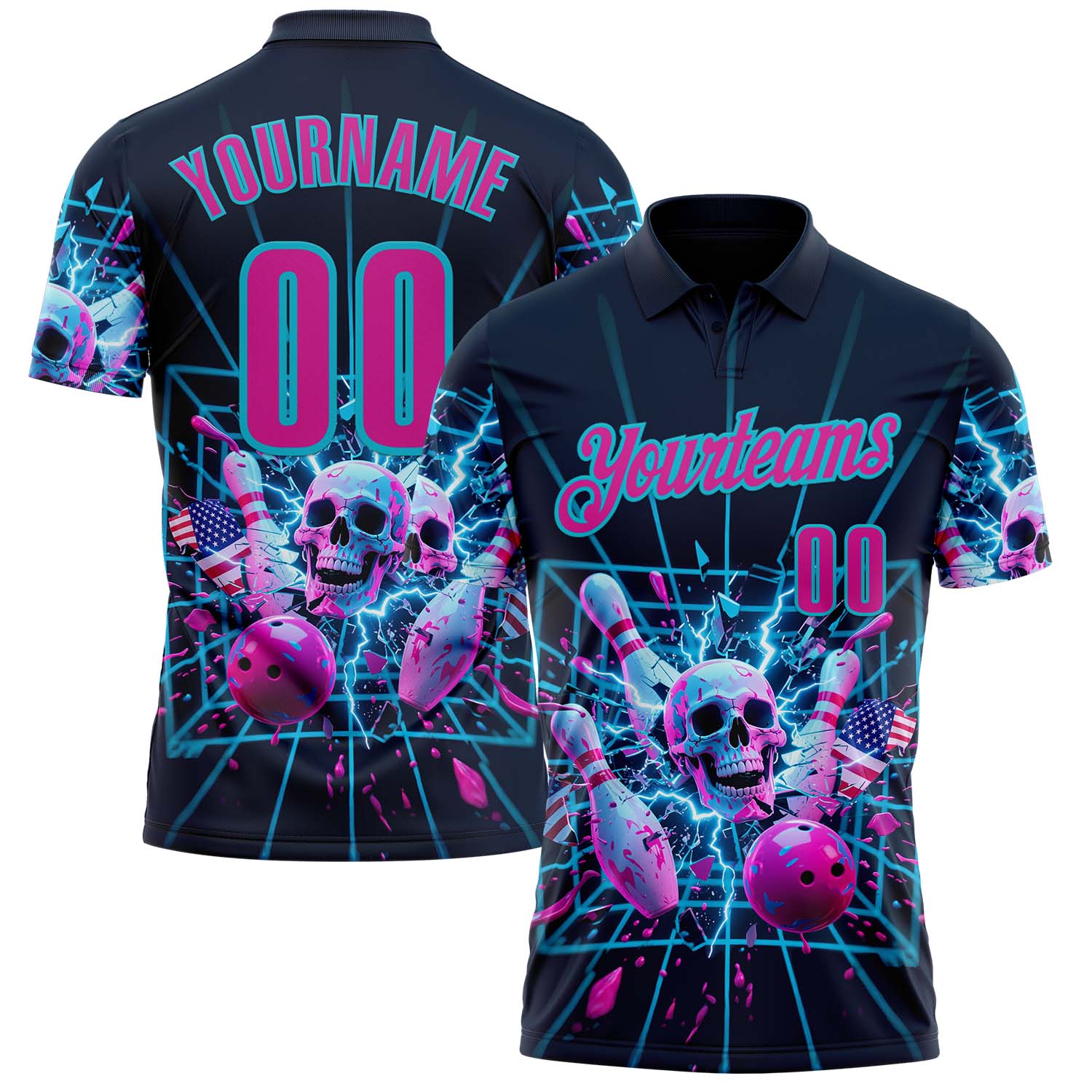 Custom Navy Deep Pink-Lakes Blue 3D American Flag Splash Lightning Skull Bowling Performance Polo Shirt - Main View