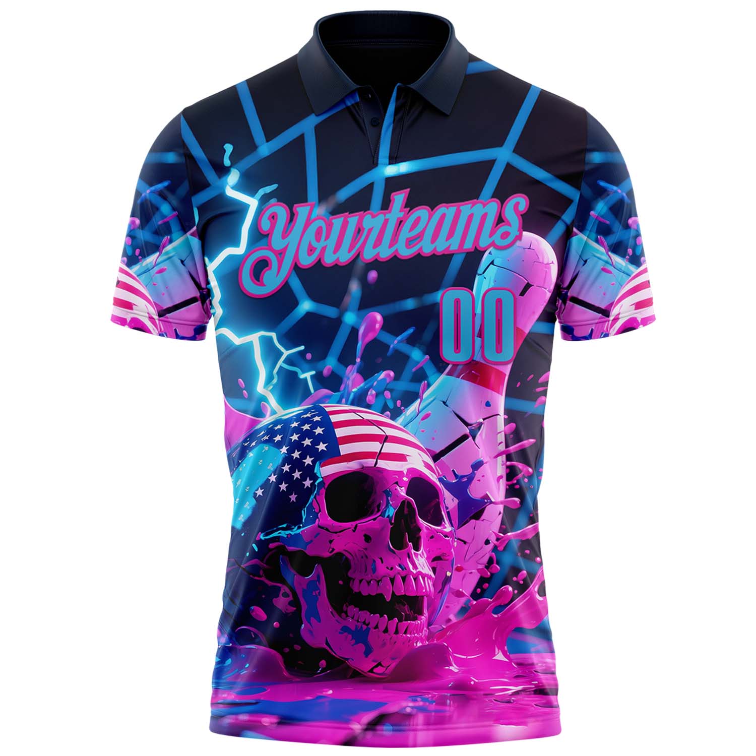 Custom Navy Sky Blue-Deep Pink 3D American Flag Splash Lightning Skull Bowling Performance Polo Shirt view 2