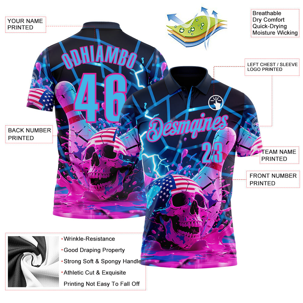 Custom Navy Sky Blue-Deep Pink 3D American Flag Splash Lightning Skull Bowling Performance Polo Shirt view 3