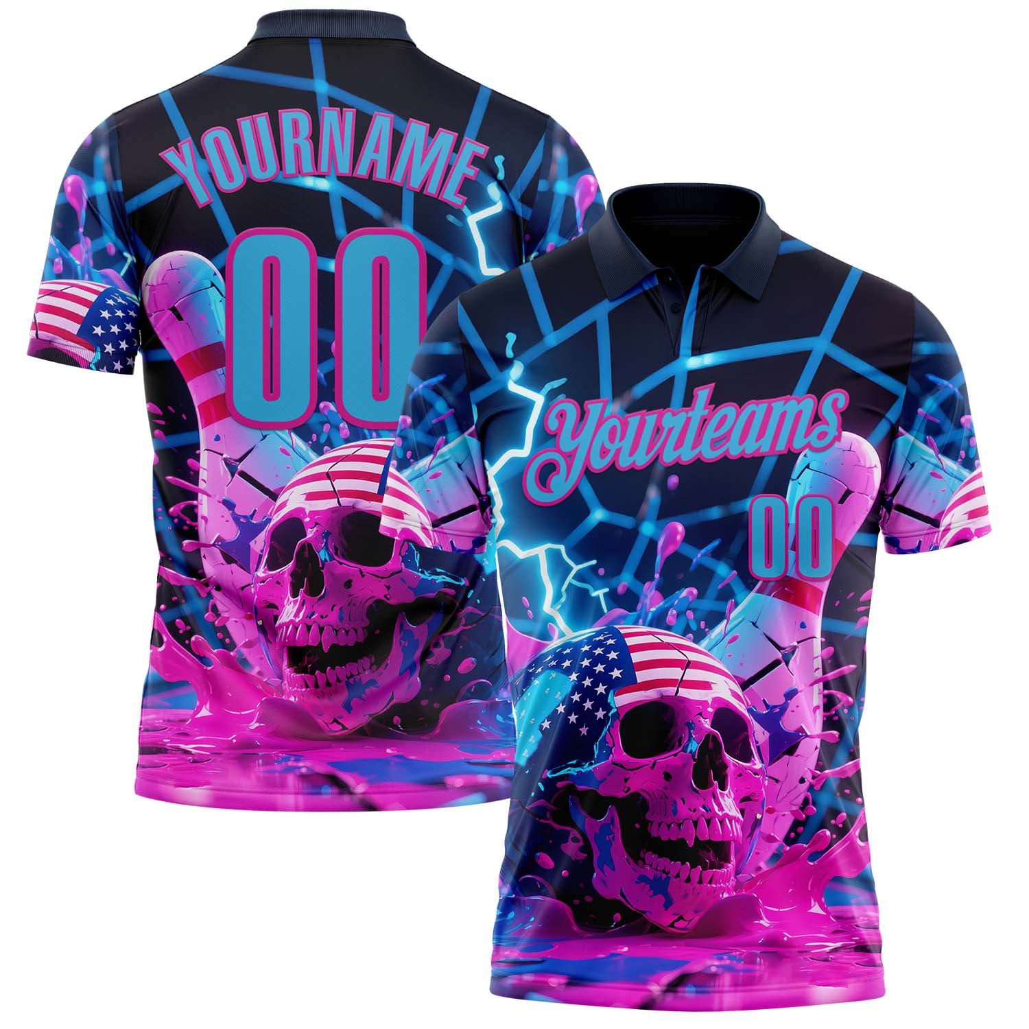 Custom Navy Sky Blue-Deep Pink 3D American Flag Splash Lightning Skull Bowling Performance Polo Shirt - Main View