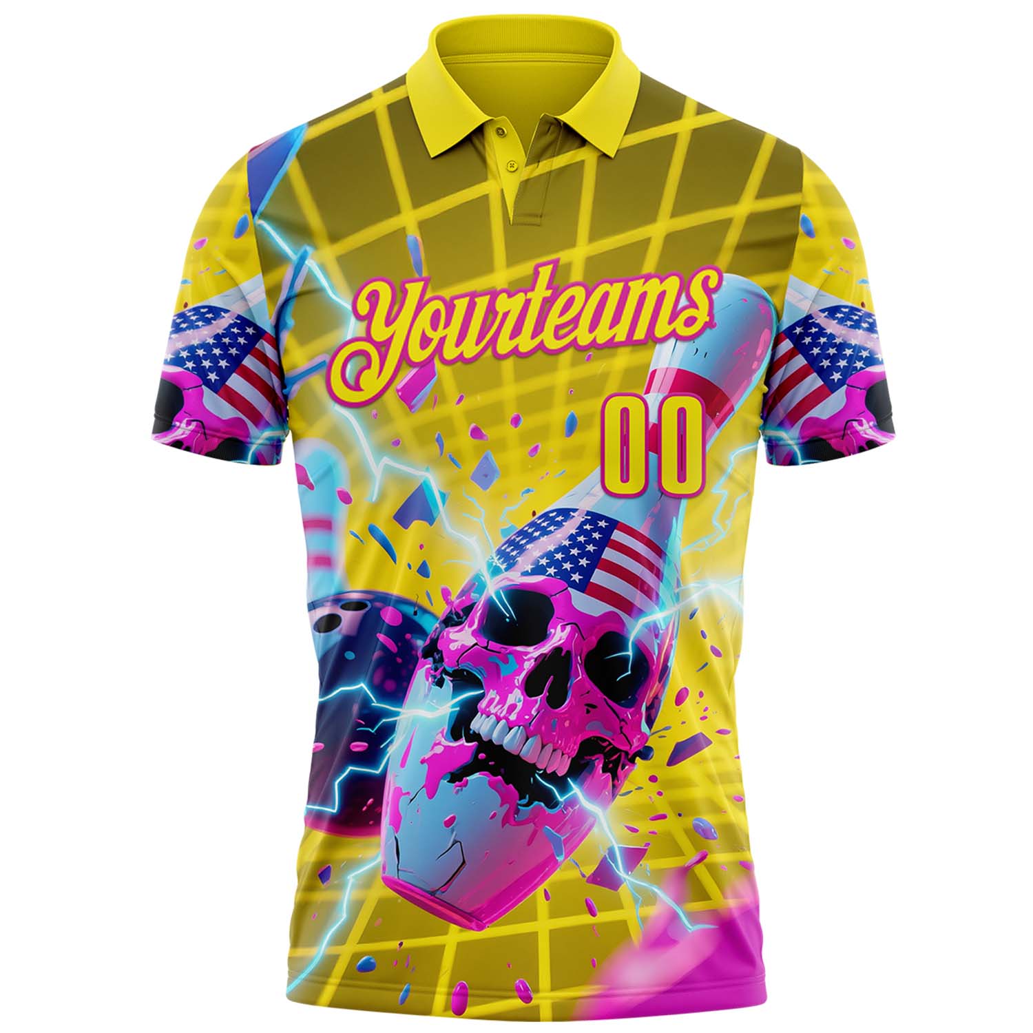 Custom Gold Light Yellow-Deep Pink 3D American Flag Splash Lightning Skull Bowling Performance Polo Shirt view 2