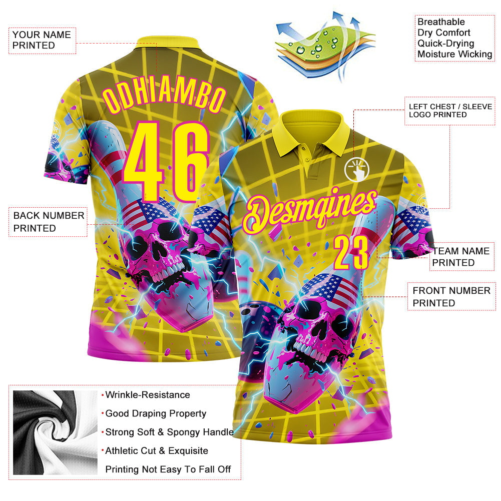 Custom Gold Light Yellow-Deep Pink 3D American Flag Splash Lightning Skull Bowling Performance Polo Shirt view 3
