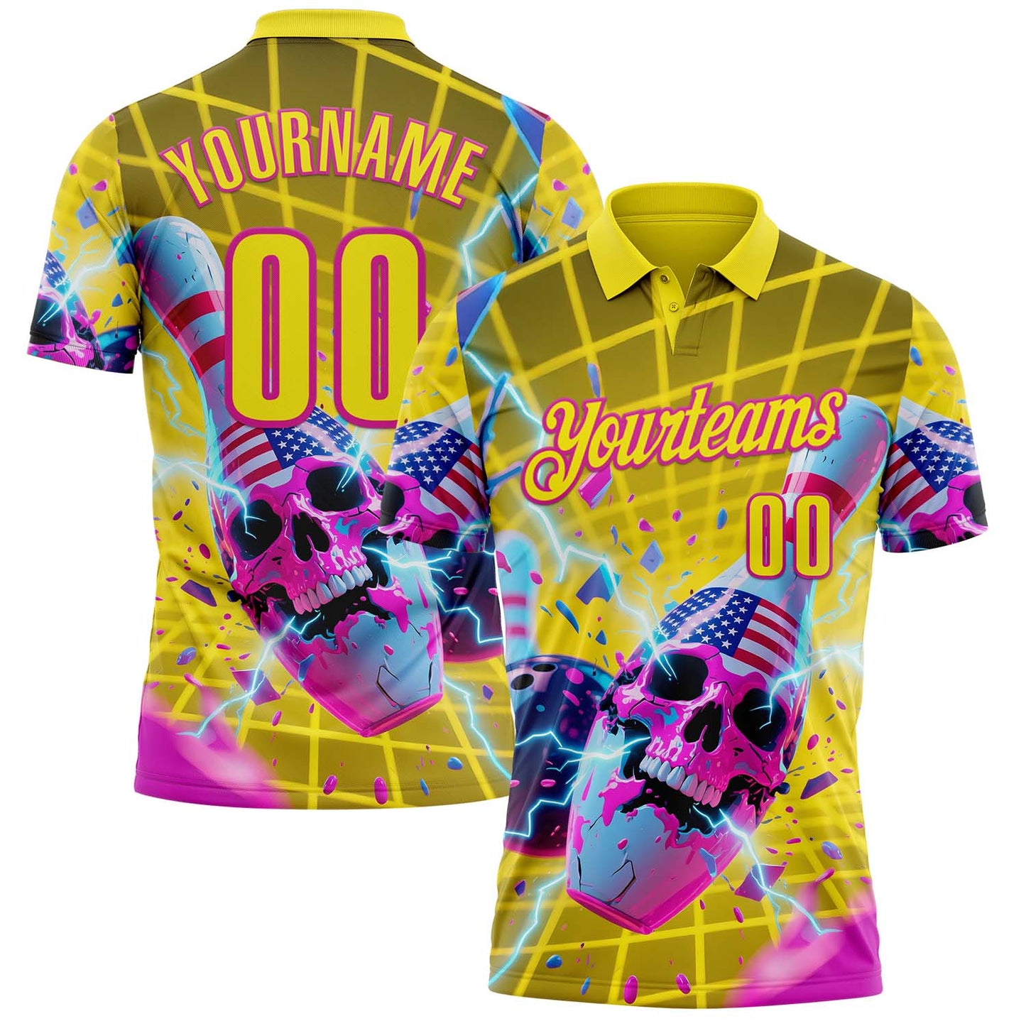 Custom Gold Light Yellow-Deep Pink 3D American Flag Splash Lightning Skull Bowling Performance Polo Shirt - Main View