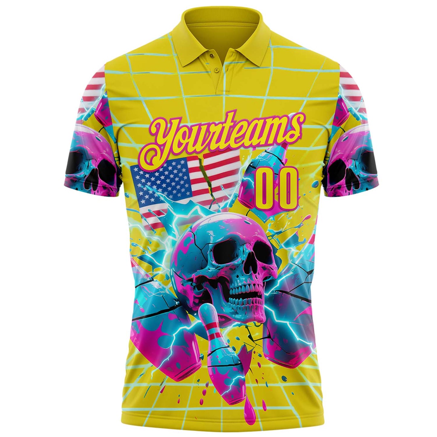 Custom Gold Light Yellow-Deep Pink 3D American Flag Splash Lightning Skull Bowling Performance Polo Shirt view 2