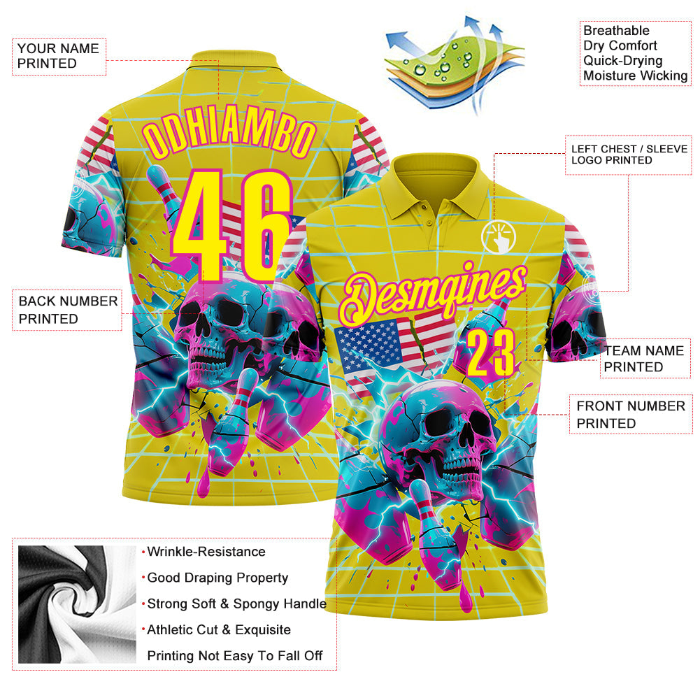 Custom Gold Light Yellow-Deep Pink 3D American Flag Splash Lightning Skull Bowling Performance Polo Shirt view 3