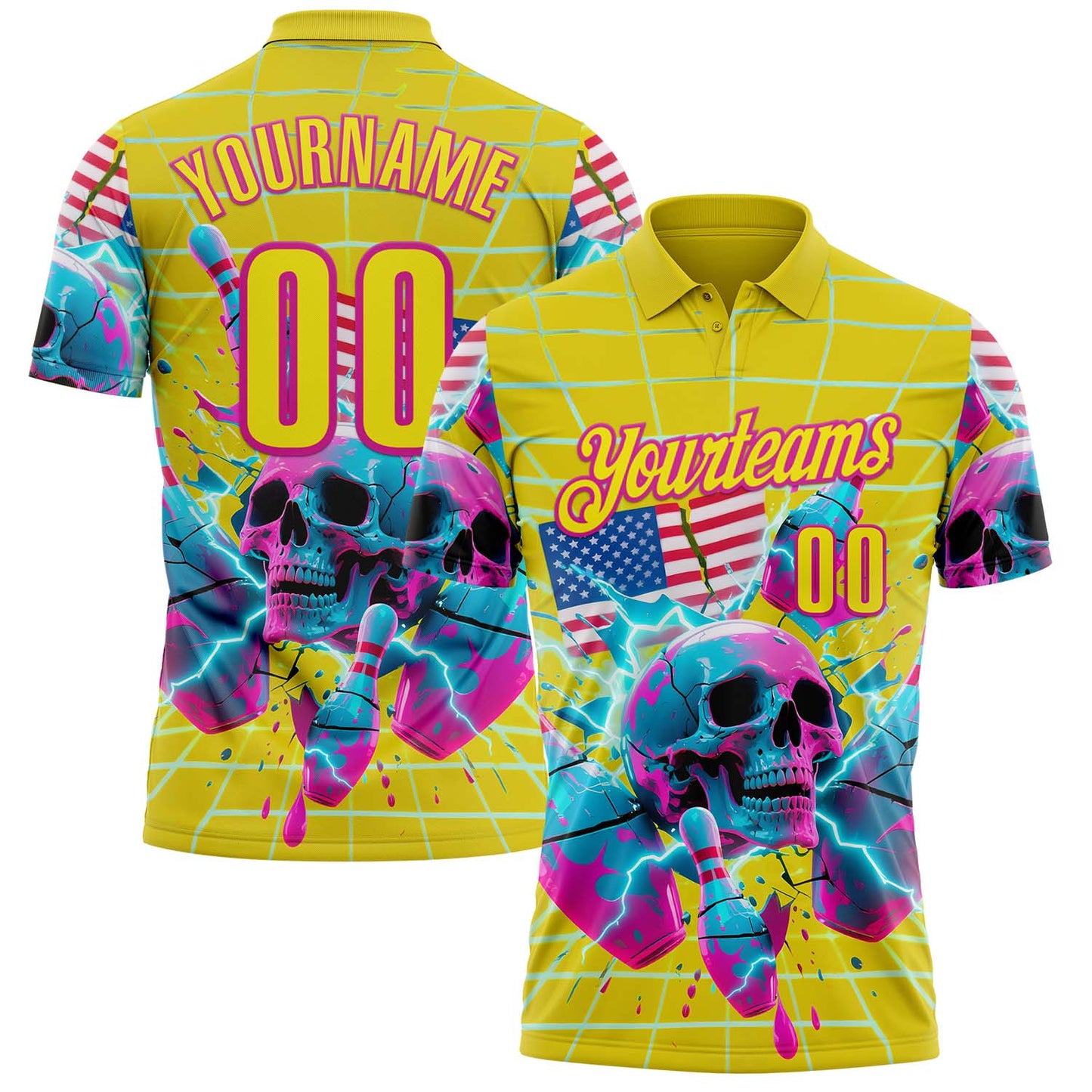 Custom Gold Light Yellow-Deep Pink 3D American Flag Splash Lightning Skull Bowling Performance Polo Shirt - Main View