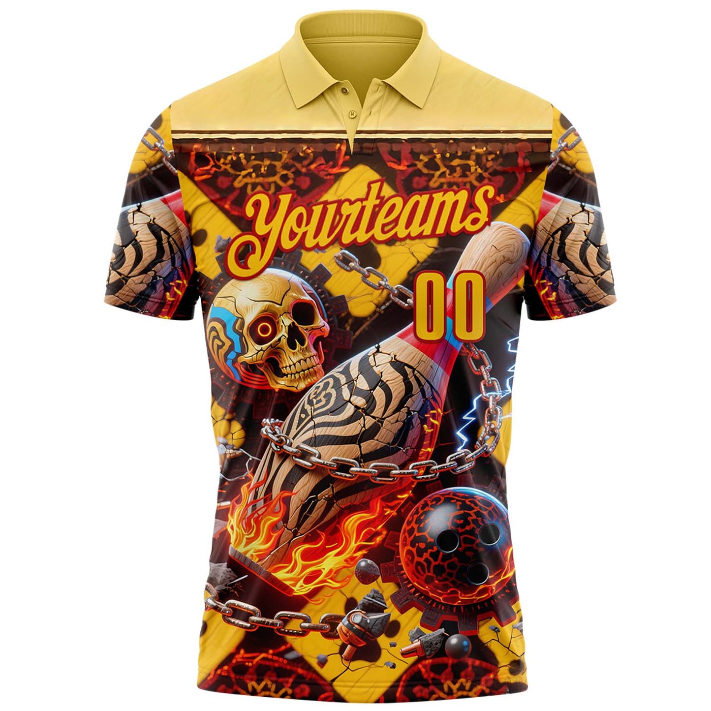 Custom Gold Yellow-Red 3D Flame Skull Bowling Performance Polo Shirt view 2