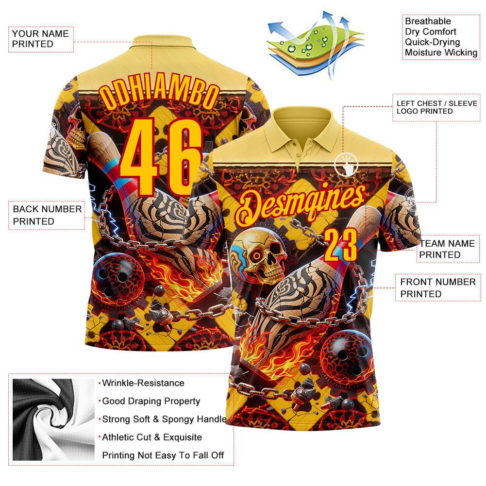 Custom Gold Yellow-Red 3D Flame Skull Bowling Performance Polo Shirt view 3