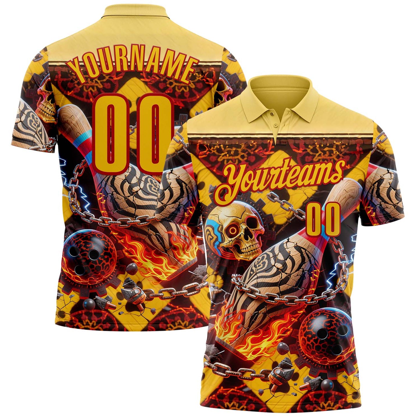 Custom Gold Yellow-Red 3D Flame Skull Bowling Performance Polo Shirt - Main View