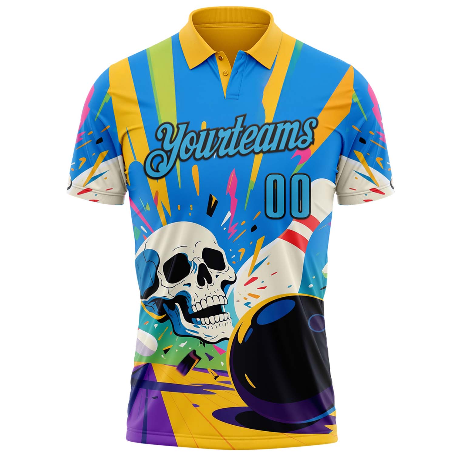 Custom Gold Sky Blue-Black 3D Splash Skull Bowling Performance Polo Shirt view 2