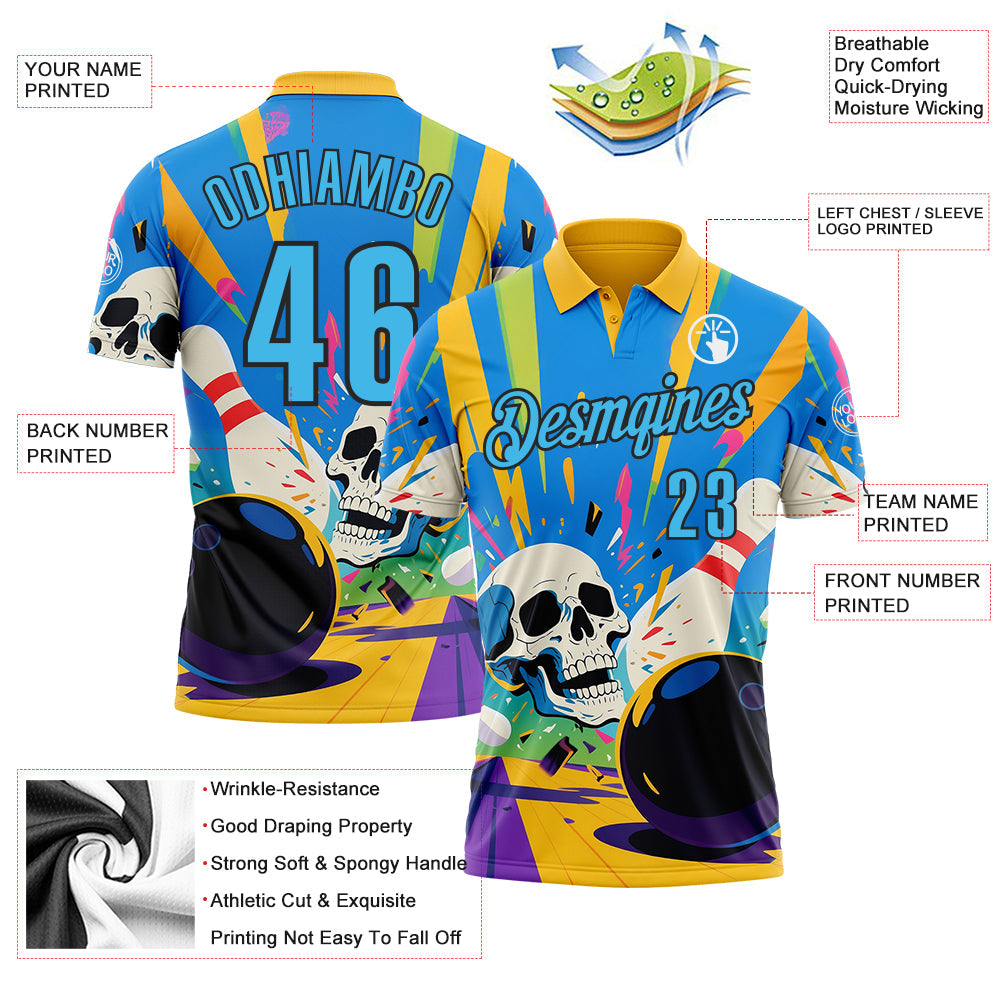 Custom Gold Sky Blue-Black 3D Splash Skull Bowling Performance Polo Shirt view 3