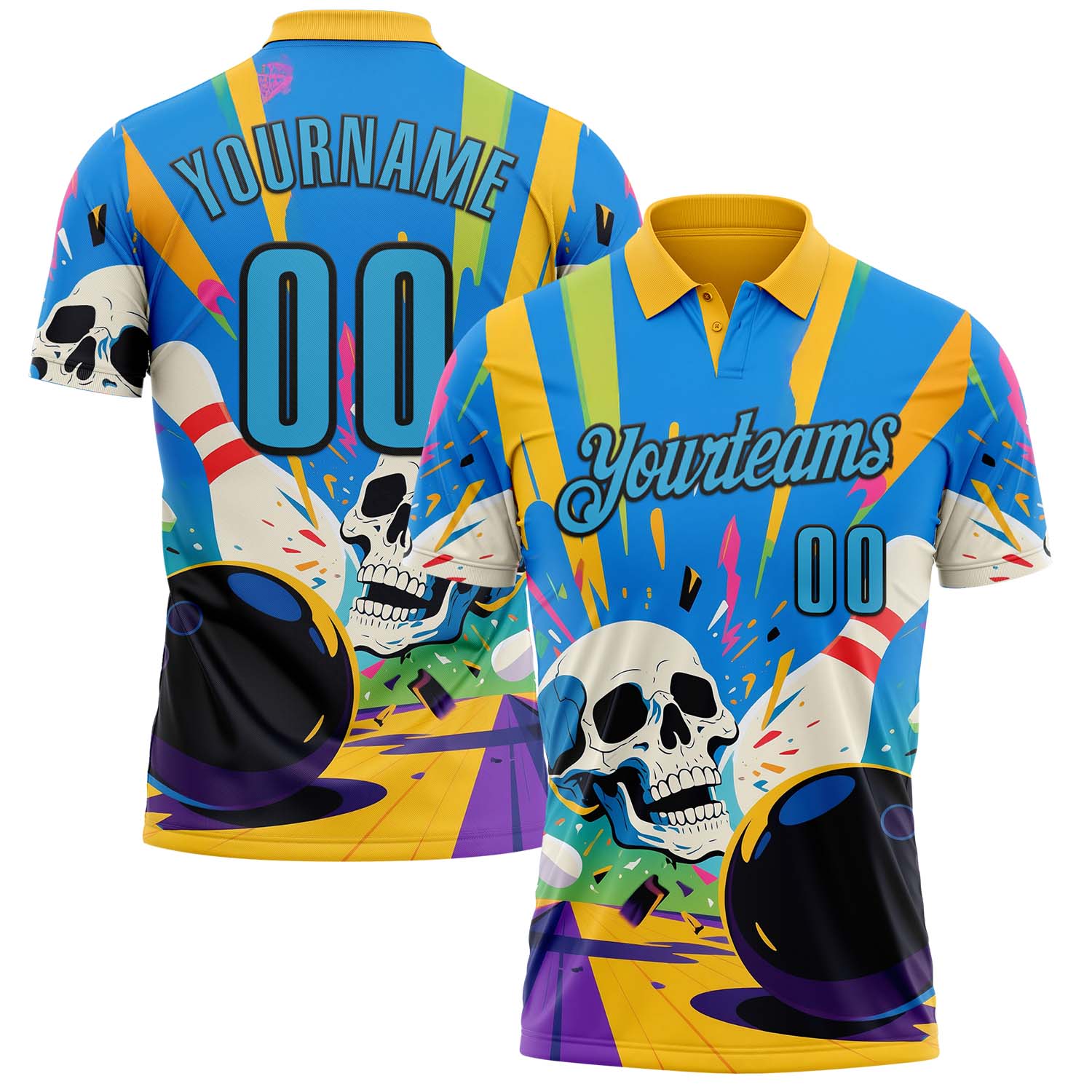 Custom Gold Sky Blue-Black 3D Splash Skull Bowling Performance Polo Shirt - Main View