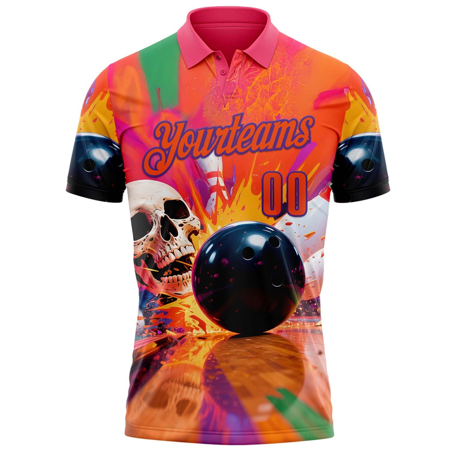 Custom Orange Purple 3D Splash Skull Bowling Performance Polo Shirt view 2