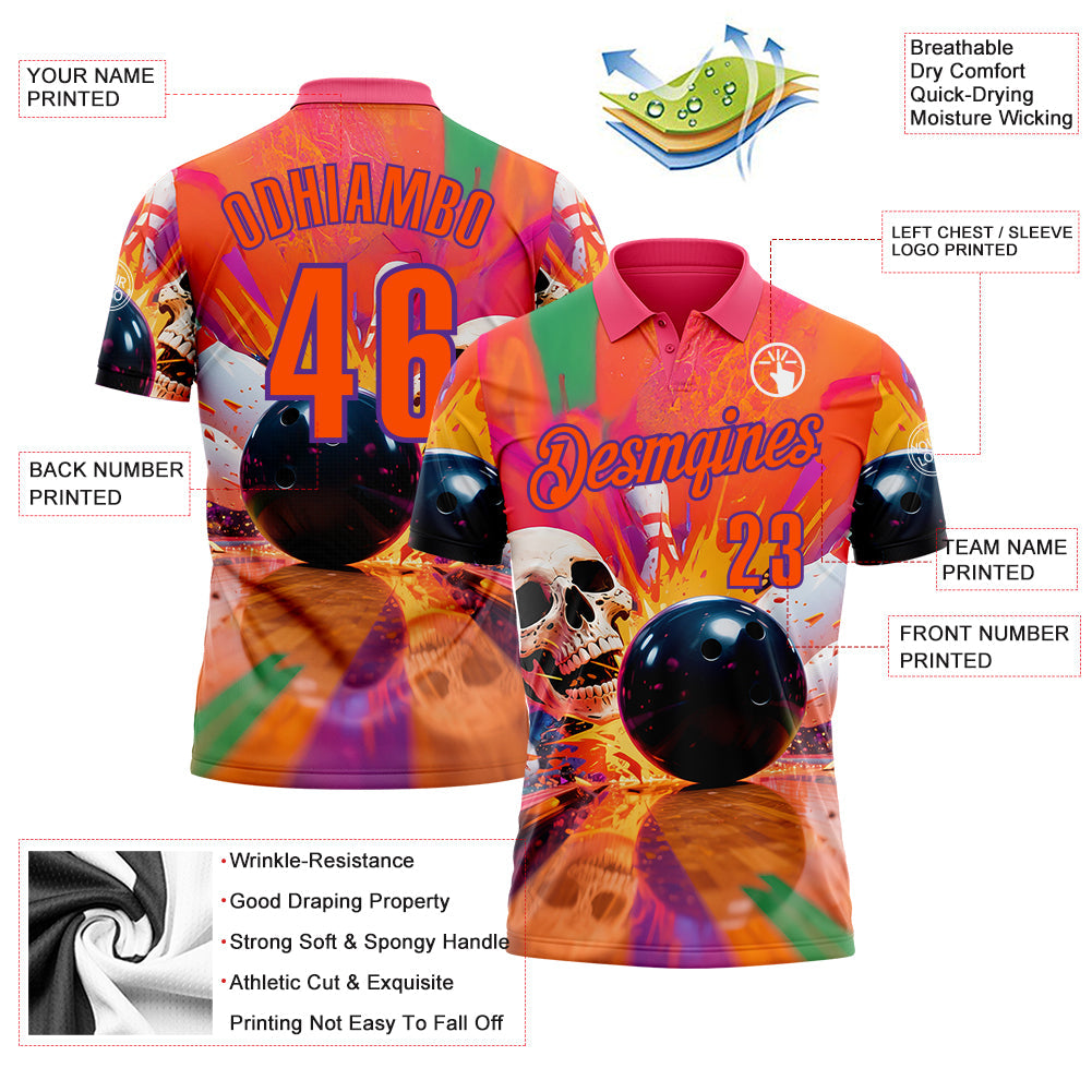 Custom Orange Purple 3D Splash Skull Bowling Performance Polo Shirt view 3