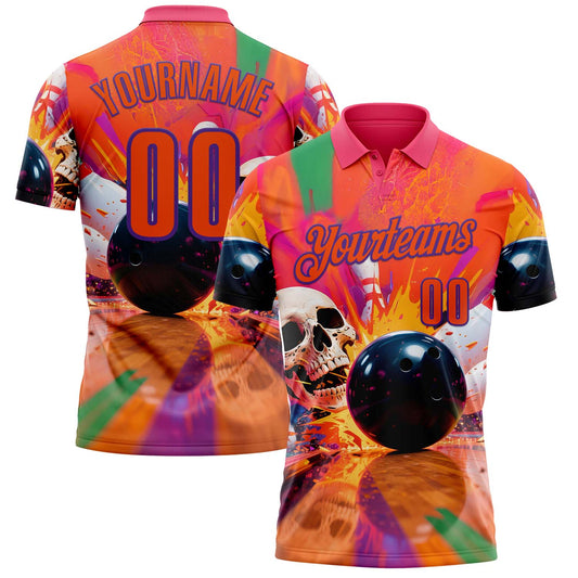 Custom Orange Purple 3D Splash Skull Bowling Performance Polo Shirt - Main View