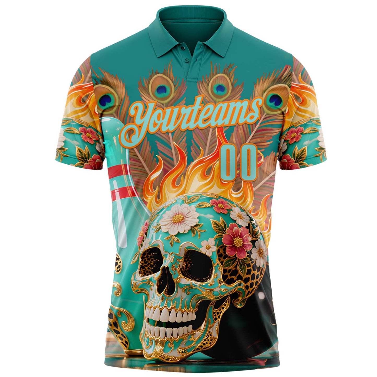 Custom Blue Ice Blue-Bay Orange 3D Peacock Flame Skull Bowling Performance Polo Shirt view 2