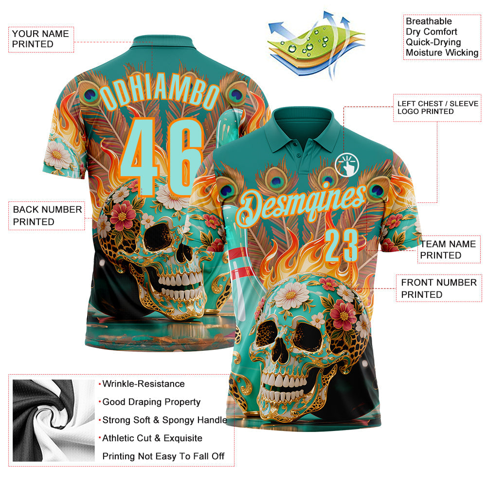 Custom Blue Ice Blue-Bay Orange 3D Peacock Flame Skull Bowling Performance Polo Shirt view 3