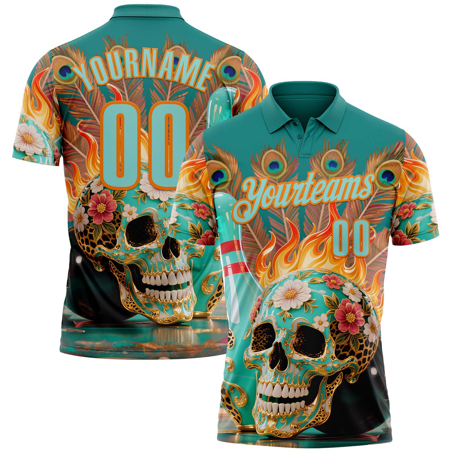Custom Blue Ice Blue-Bay Orange 3D Peacock Flame Skull Bowling Performance Polo Shirt - Main View